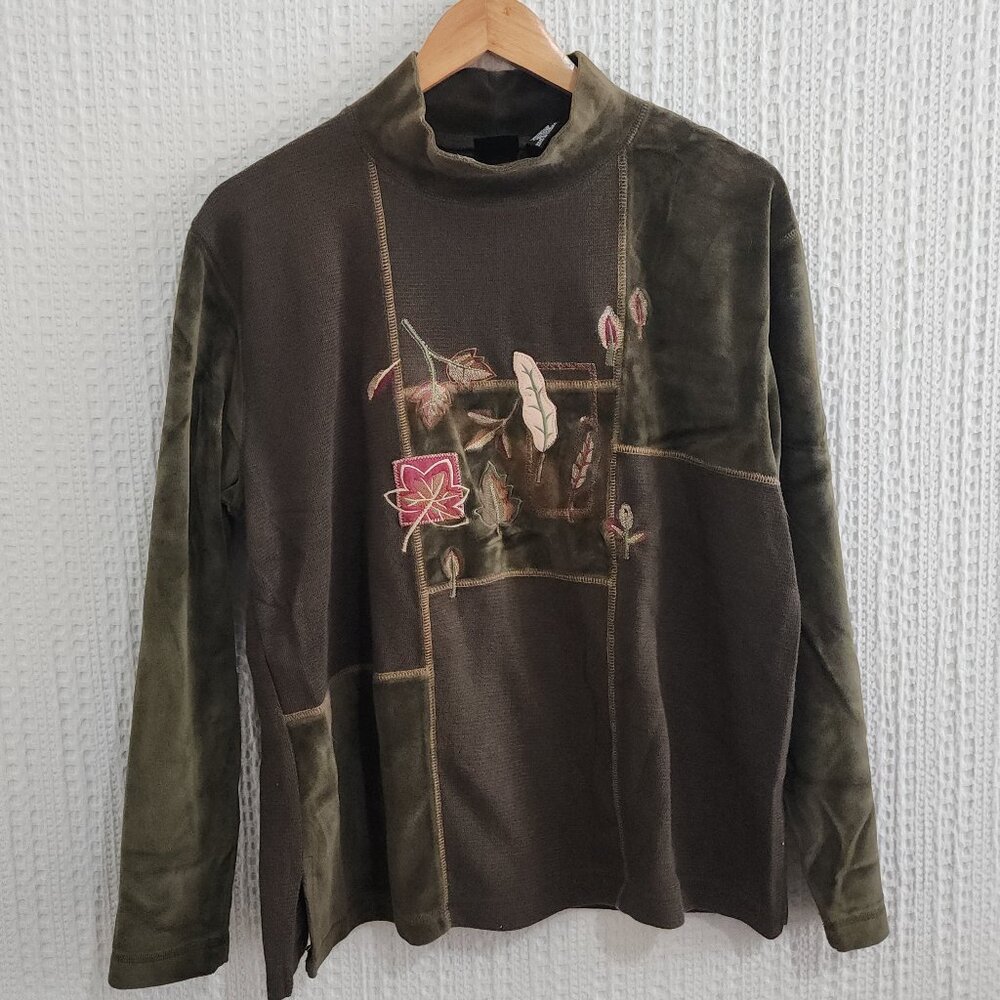 Vintage Y2K Boho Patchwork Mock Neck Long Sleeve Top Embroidered Sweater Large